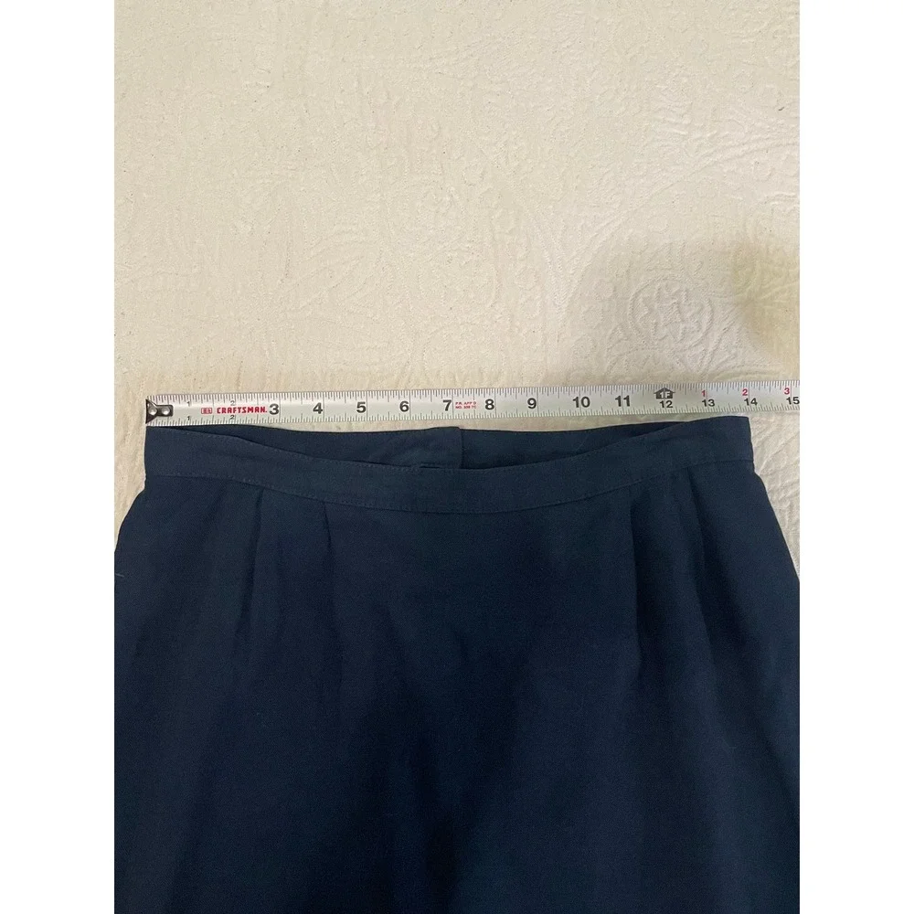Vintage Navy Blue‎ Linen Blend Midi Skirt High Waisted Back Slit Size 10 Pockets